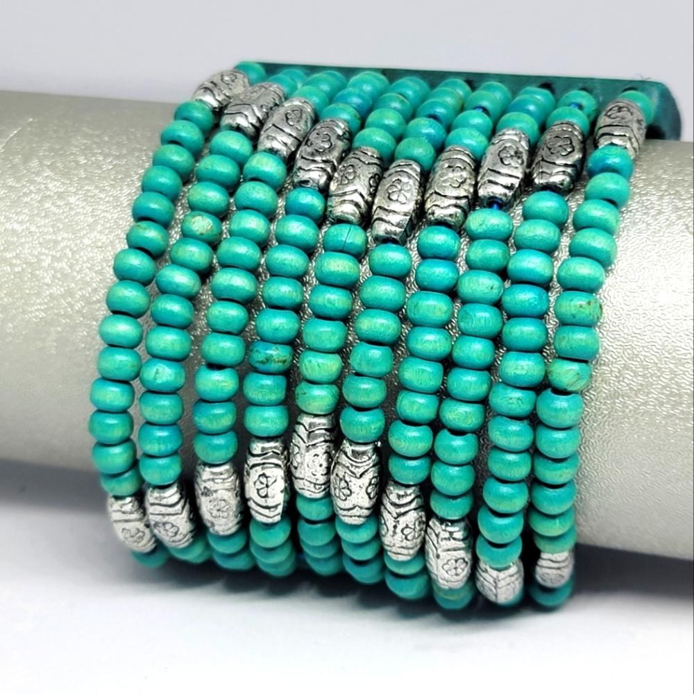 Thick Handmade 10 Row Turquoise and Silver Wooden Bead Bracelet